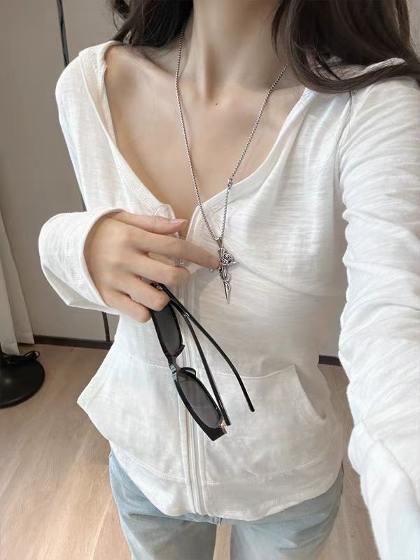 Summer hooded long sleeve sunscreen zip white tops