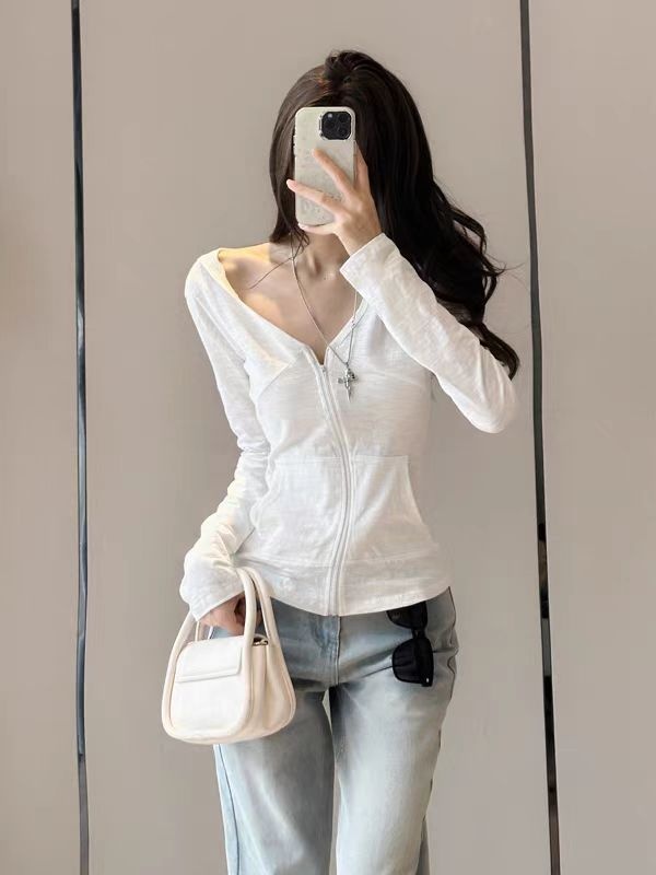Summer hooded long sleeve sunscreen zip white tops