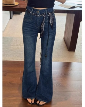 Navy blue elasticity jeans high waist pants for women