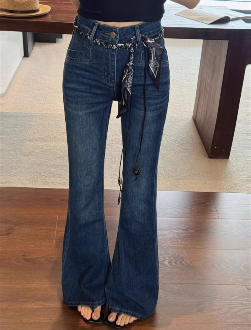 Navy blue elasticity jeans high waist pants for women