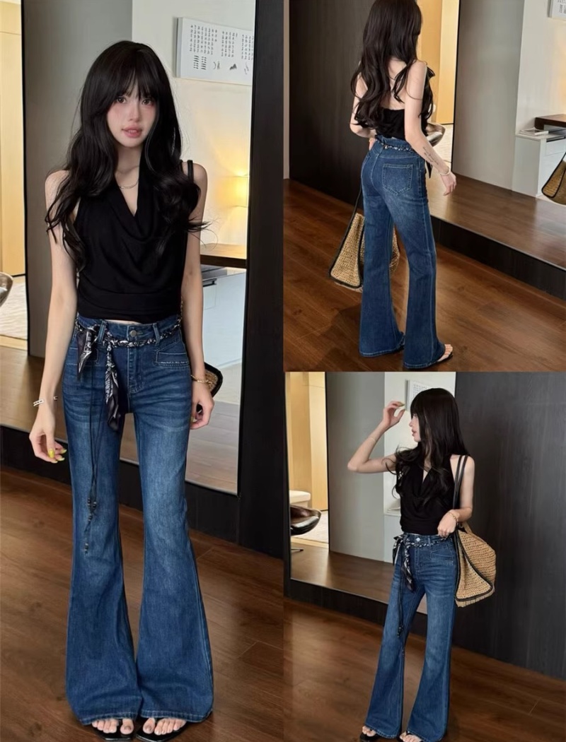 Navy blue elasticity jeans high waist pants for women