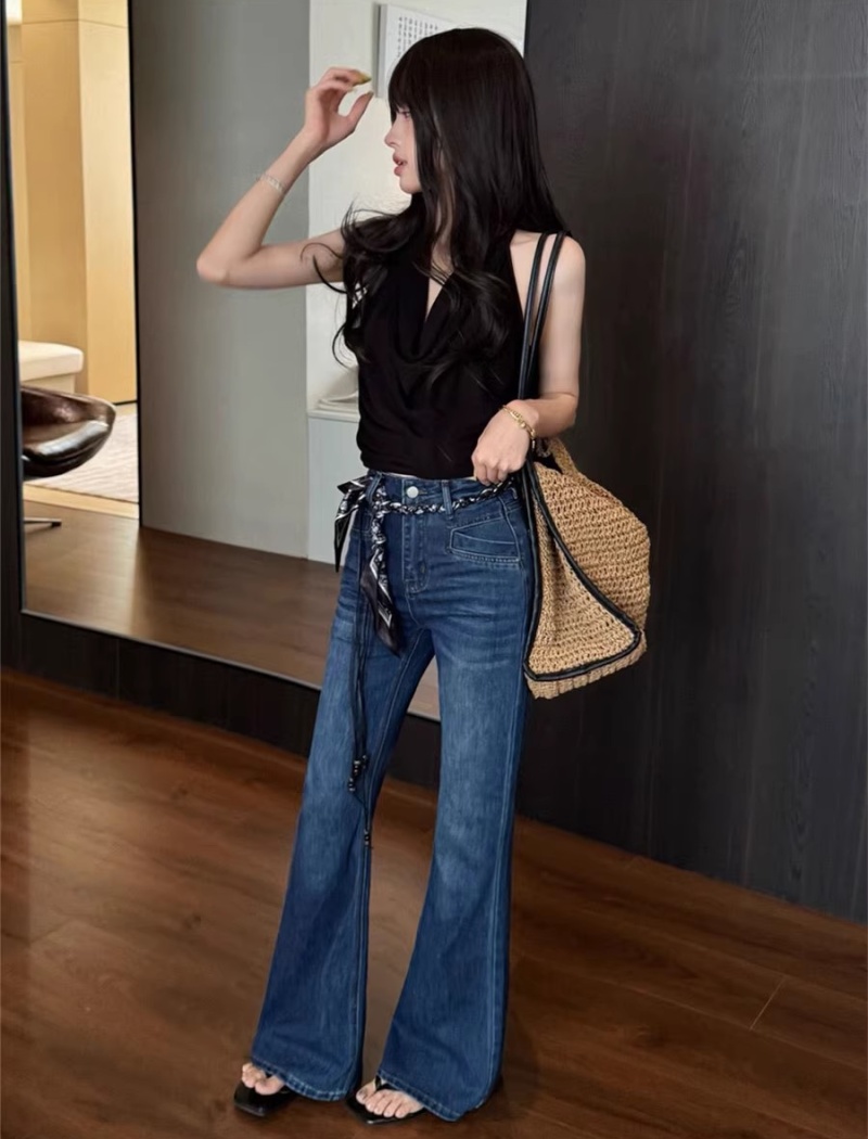 Navy blue elasticity jeans high waist pants for women