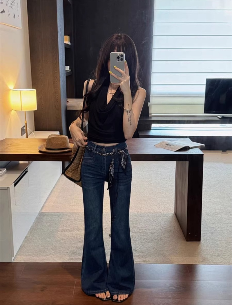 Navy blue elasticity jeans high waist pants for women