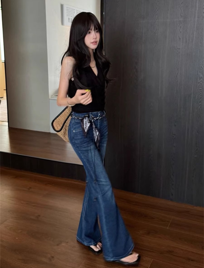 Navy blue elasticity jeans high waist pants for women