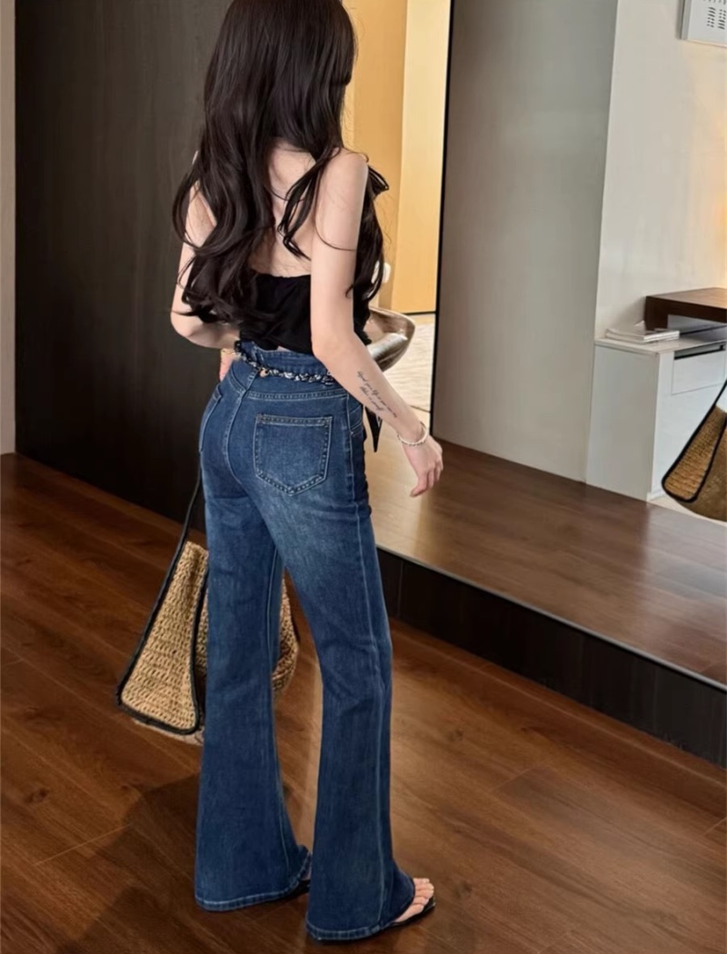 Navy blue elasticity jeans high waist pants for women
