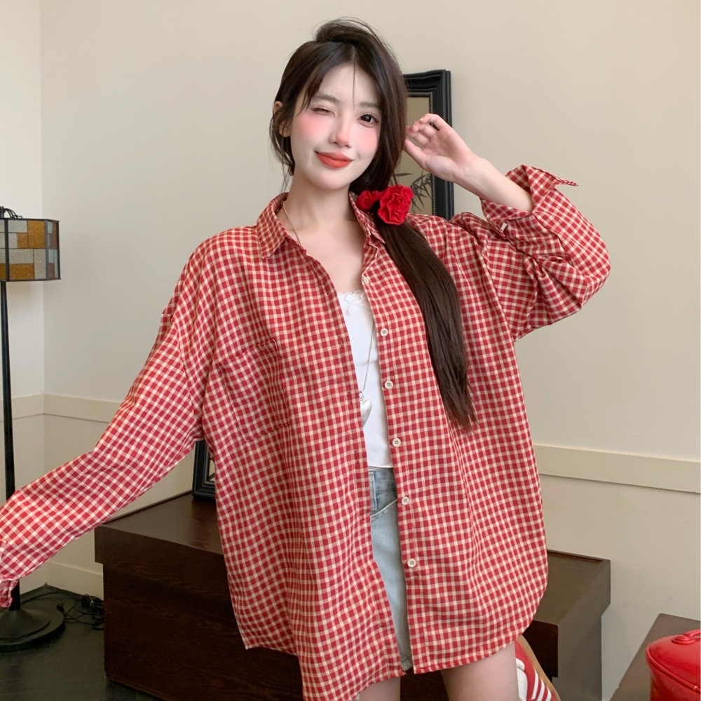 Red Japanese style shirt sweet spring and summer tops for women