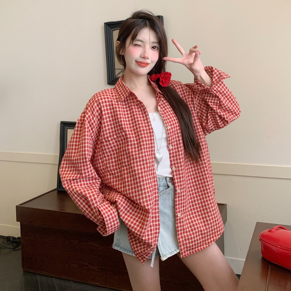 Red Japanese style shirt sweet spring and summer tops for women