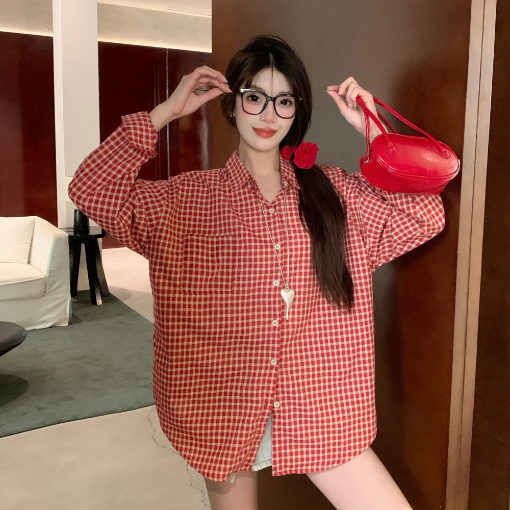 Red Japanese style shirt sweet spring and summer tops for women