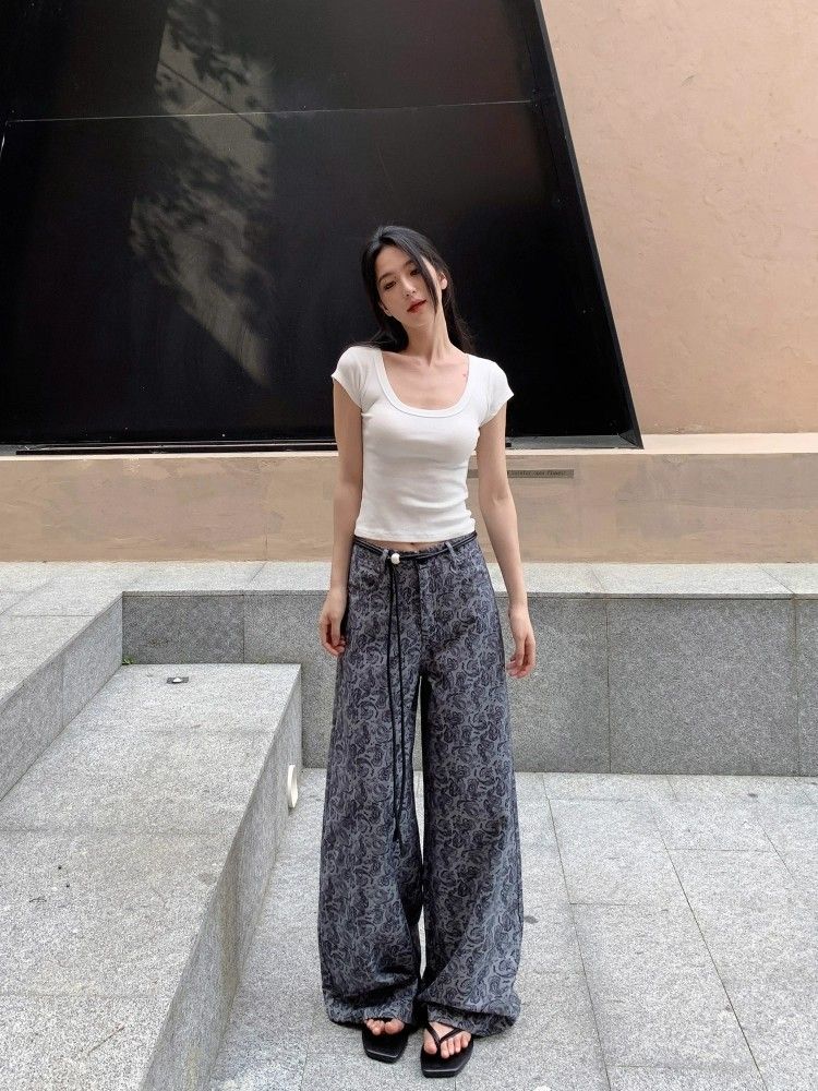Fashion fashionable unique printing thin wide leg pants