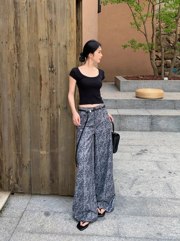 Fashion fashionable unique printing thin wide leg pants