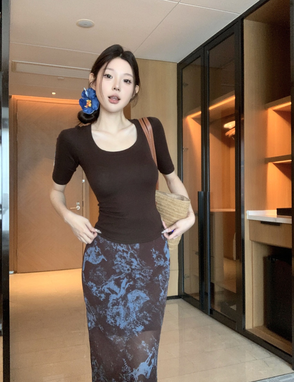 Blooming slim long skirt tender tops a set