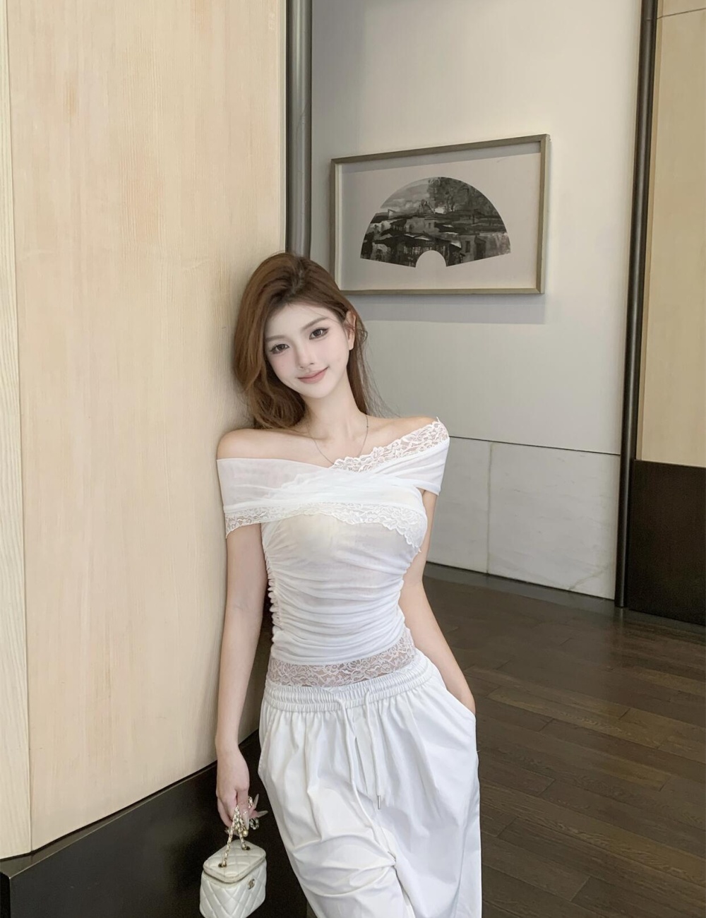 Flat shoulder short fold tops pinched waist gauze T-shirt