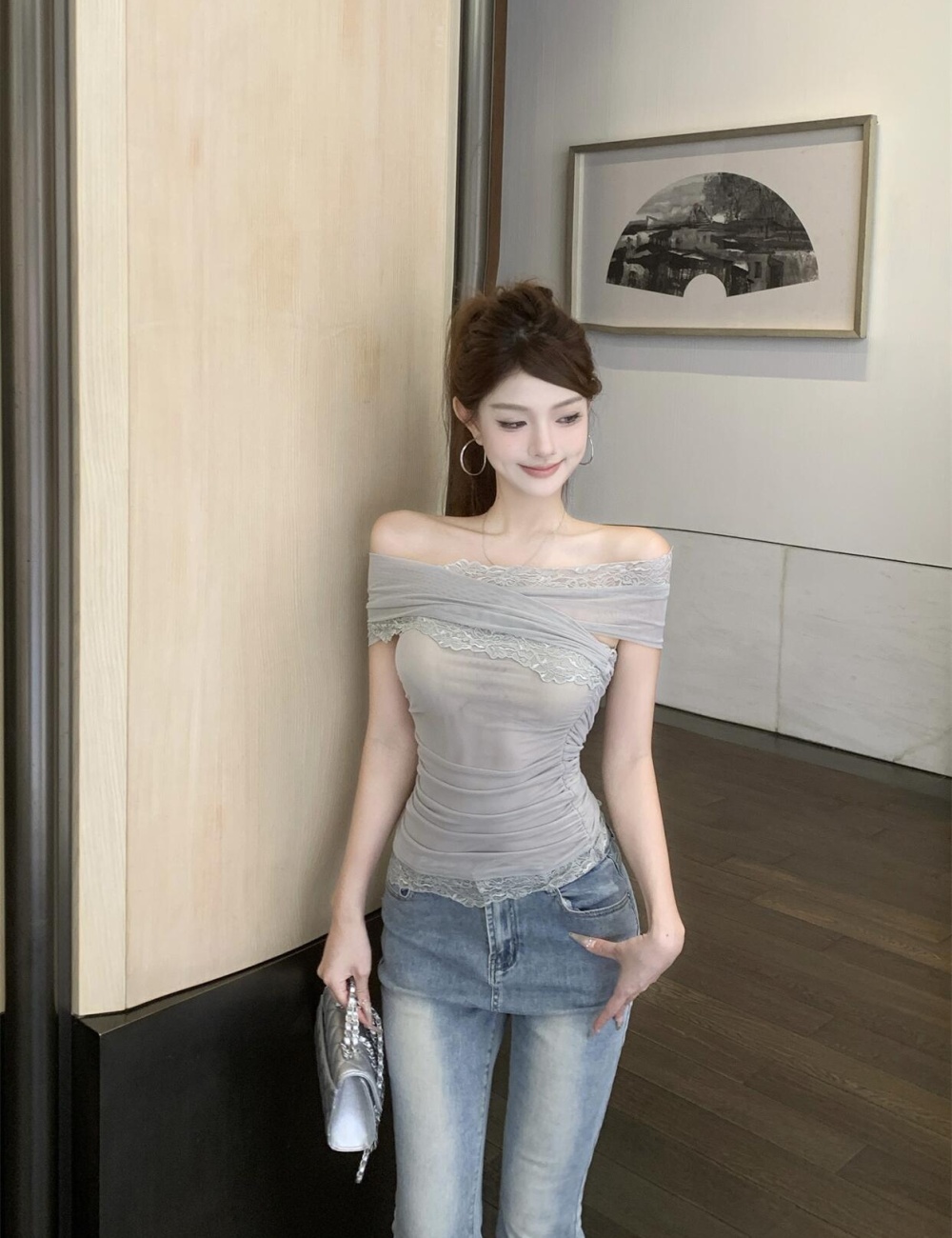 Flat shoulder short fold tops pinched waist gauze T-shirt