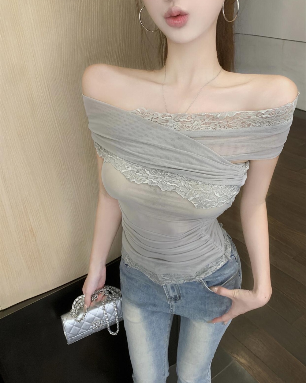 Flat shoulder short fold tops pinched waist gauze T-shirt