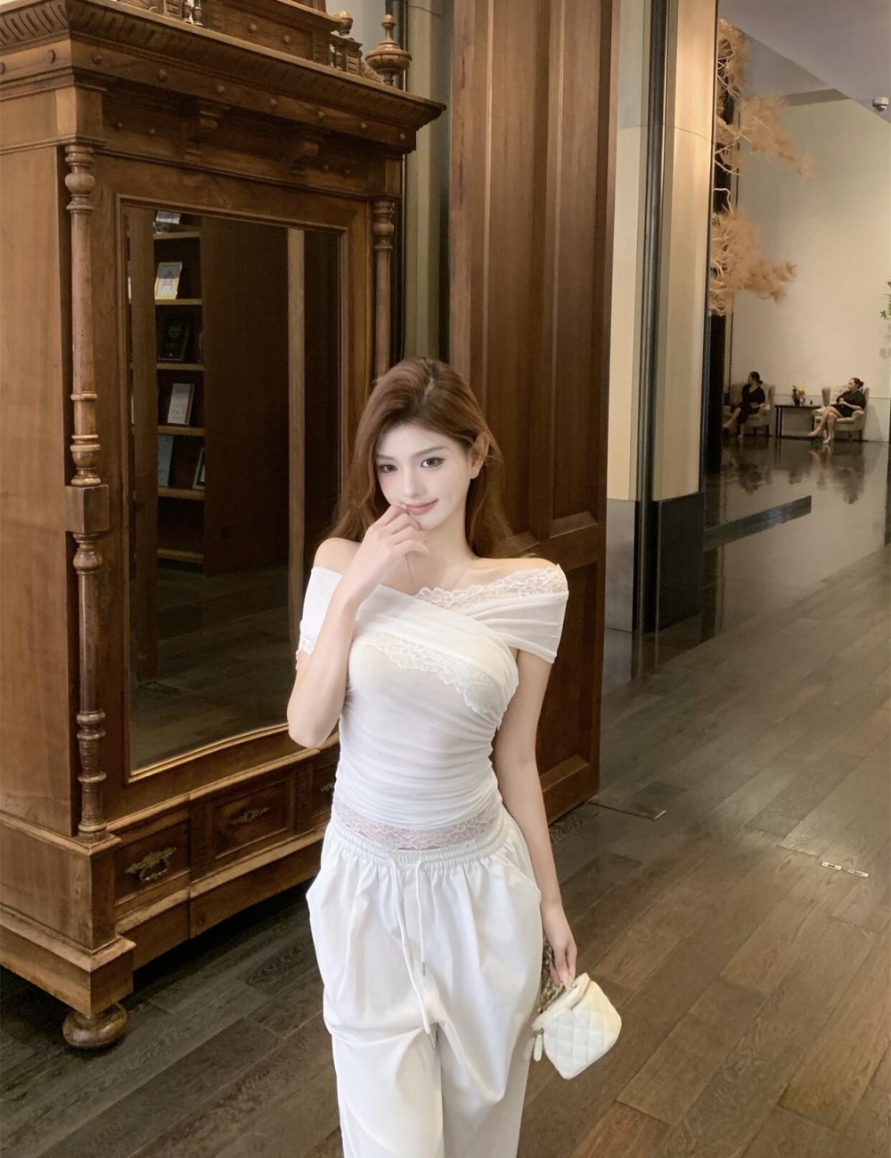 Flat shoulder short fold tops pinched waist gauze T-shirt