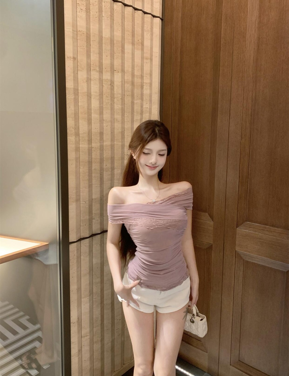 Flat shoulder short fold tops pinched waist gauze T-shirt
