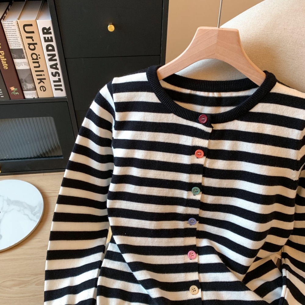 Sweet short show young cardigan stripe mixed colors sweater