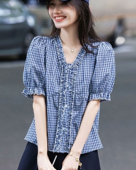 Lotus leaf edges slim stripe stereoscopic single-breasted shirt