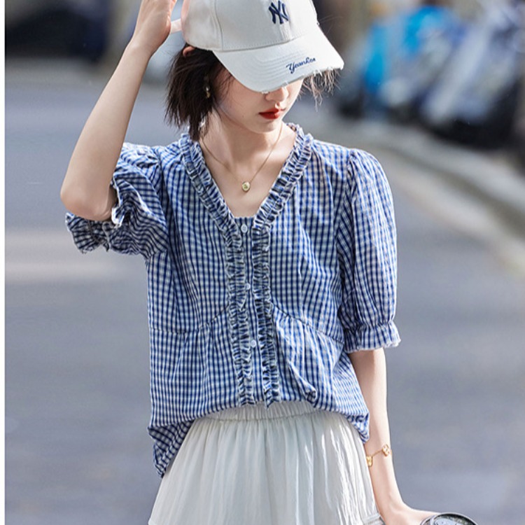 Lotus leaf edges slim stripe stereoscopic single-breasted shirt