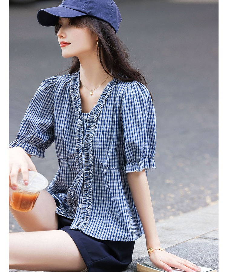 Lotus leaf edges slim stripe stereoscopic single-breasted shirt