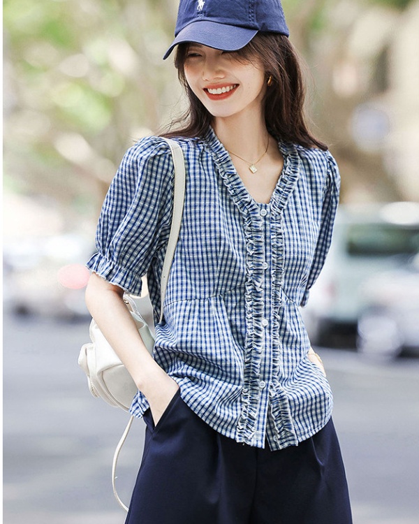 Lotus leaf edges slim stripe stereoscopic single-breasted shirt