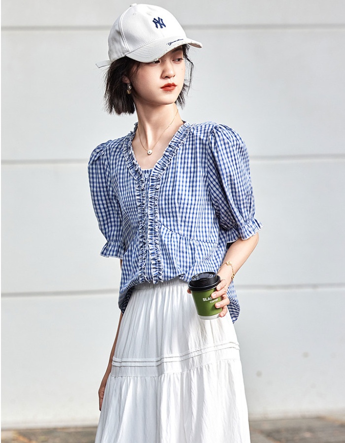 Lotus leaf edges slim stripe stereoscopic single-breasted shirt