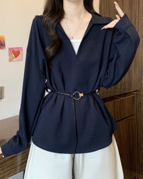 Pseudo-two pinched waist V-neck tops fat frenum autumn shirt