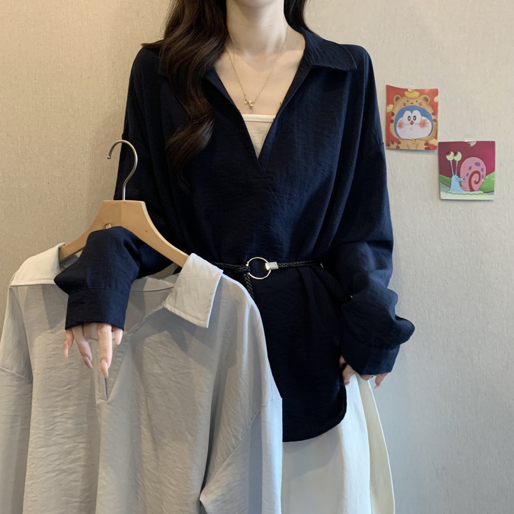 Pseudo-two pinched waist V-neck tops fat frenum autumn shirt