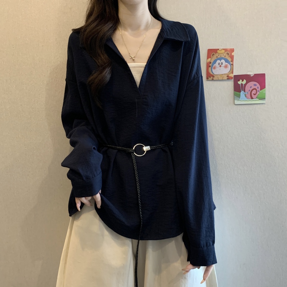 Pseudo-two pinched waist V-neck tops fat frenum autumn shirt