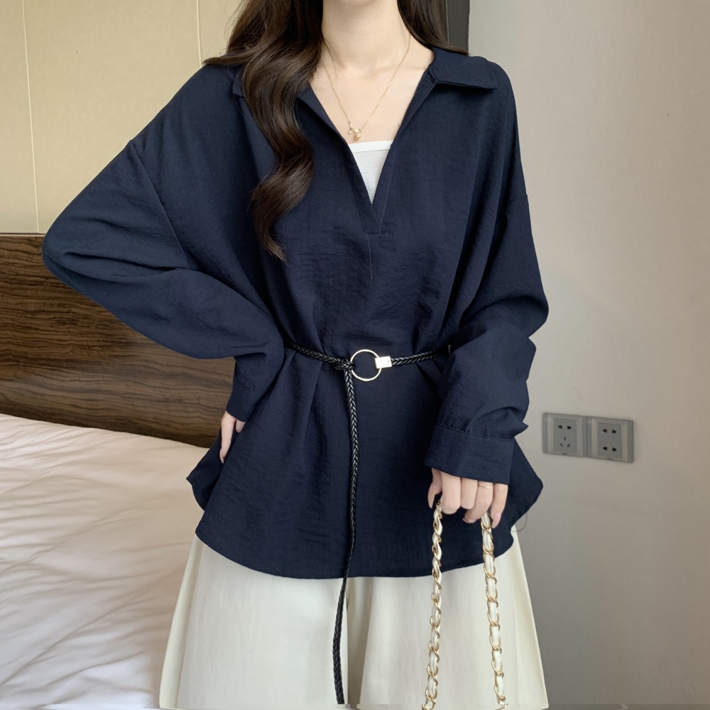 Pseudo-two pinched waist V-neck tops fat frenum autumn shirt
