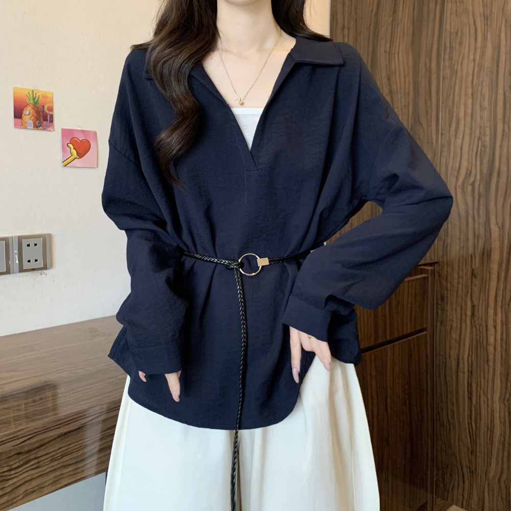 Pseudo-two pinched waist V-neck tops fat frenum autumn shirt