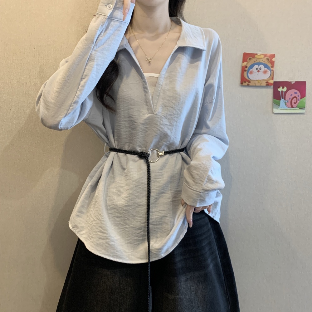 Pseudo-two pinched waist V-neck tops fat frenum autumn shirt
