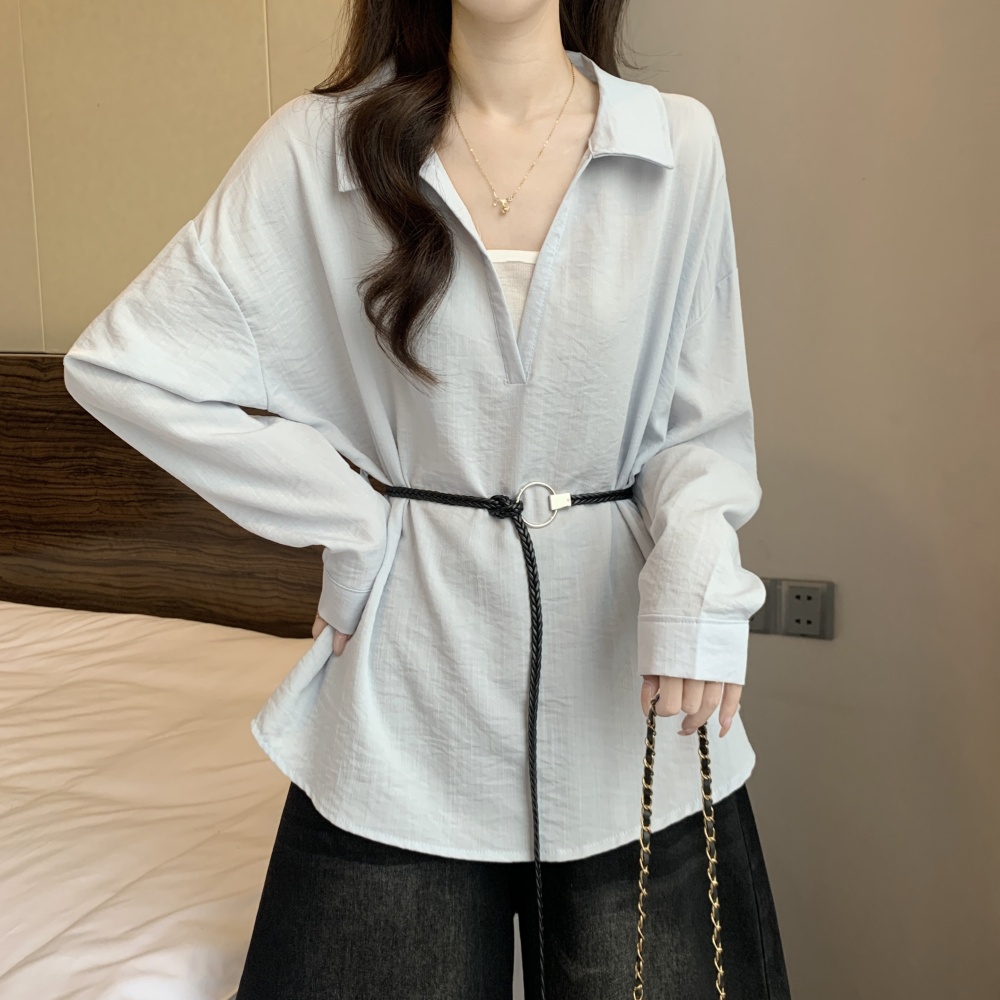 Pseudo-two pinched waist V-neck tops fat frenum autumn shirt
