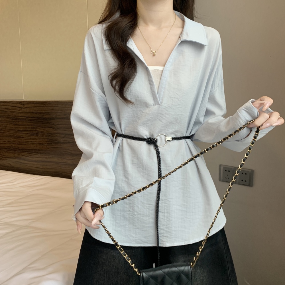 Pseudo-two pinched waist V-neck tops fat frenum autumn shirt