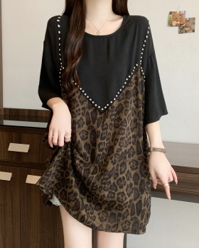 Long loose slim summer rhinestone leopard tops for women