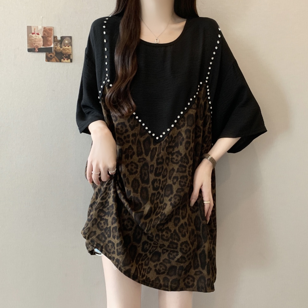 Long loose slim summer rhinestone leopard tops for women