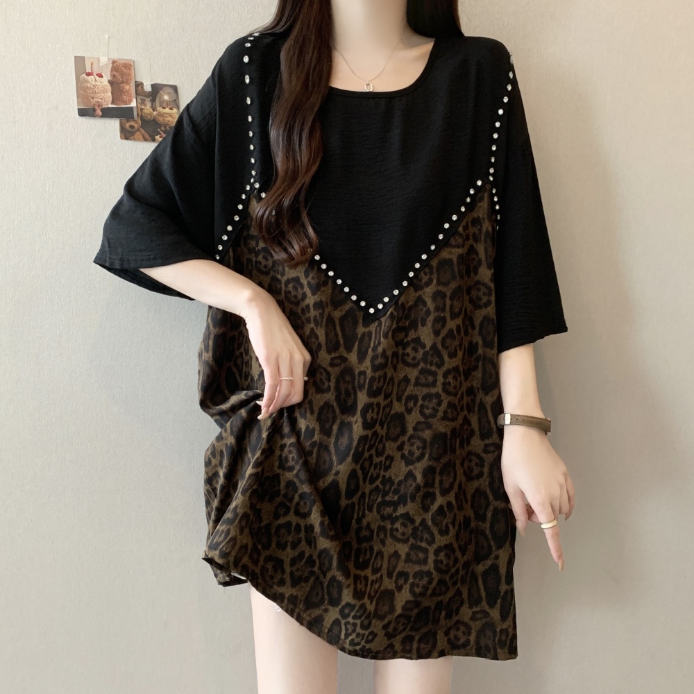 Long loose slim summer rhinestone leopard tops for women