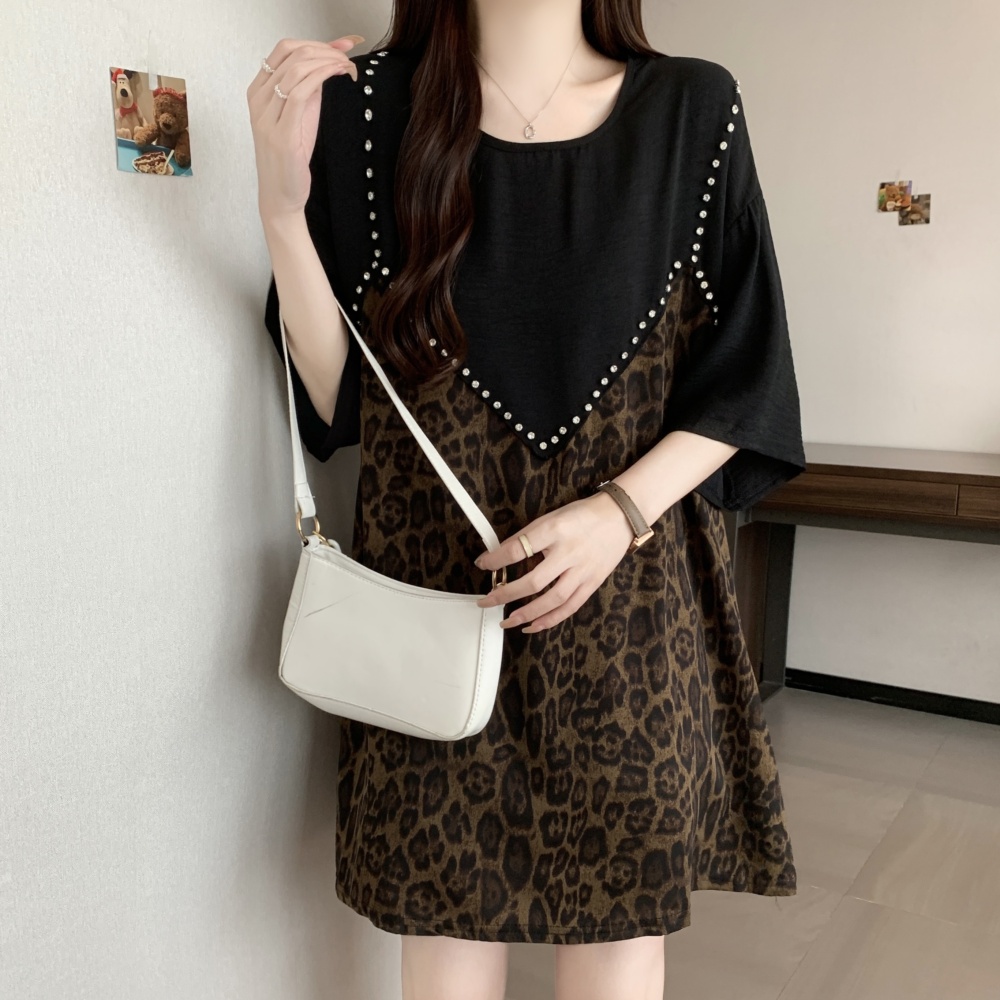 Long loose slim summer rhinestone leopard tops for women