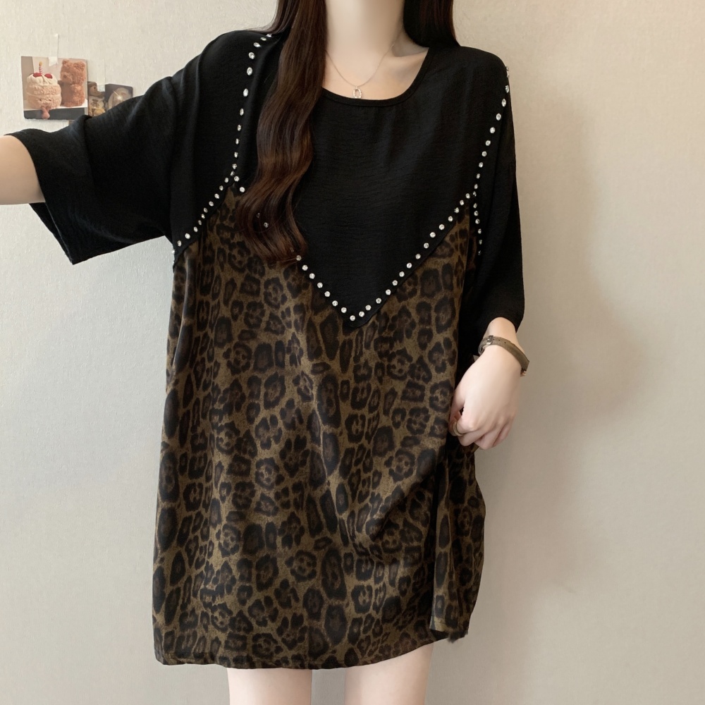 Long loose slim summer rhinestone leopard tops for women