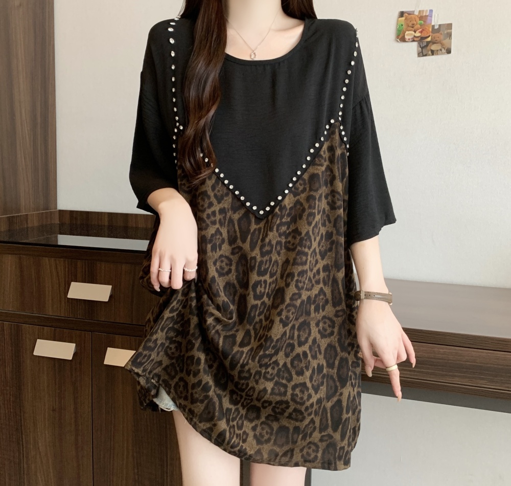 Long loose slim summer rhinestone leopard tops for women