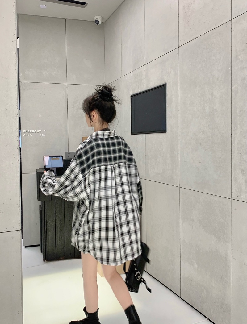 Retro black-white loose coat plaid splice shirts for women