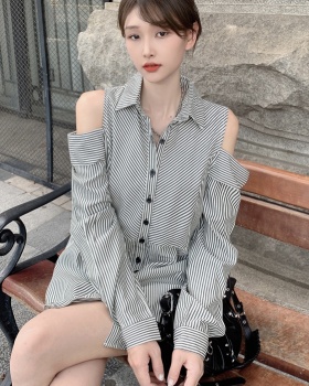 Stripe lazy autumn tops Casual strapless shirt for women