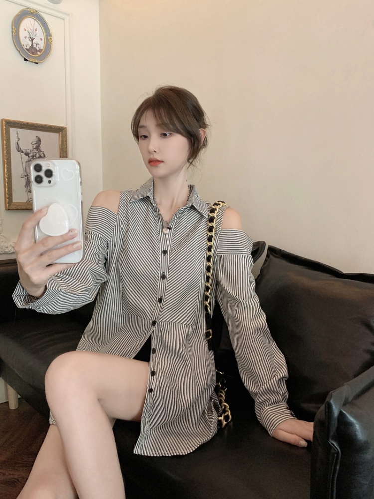 Stripe lazy autumn tops Casual strapless shirt for women