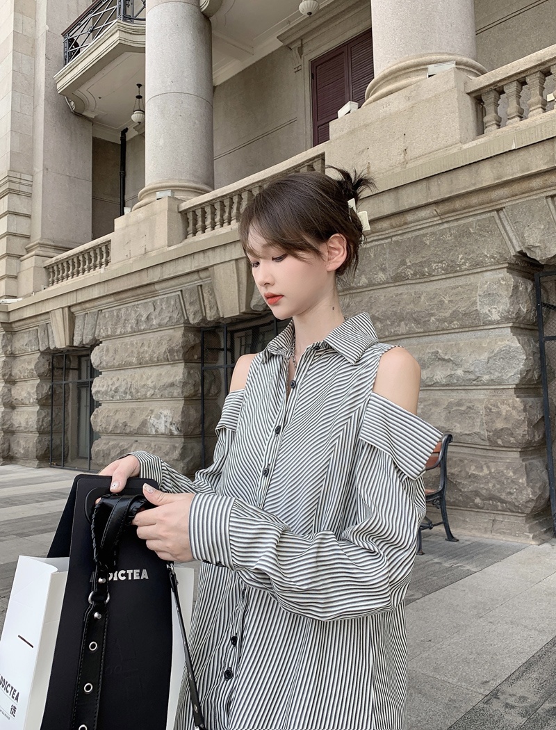 Stripe lazy autumn tops Casual strapless shirt for women