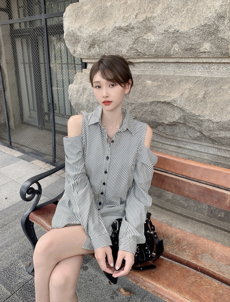 Stripe lazy autumn tops Casual strapless shirt for women