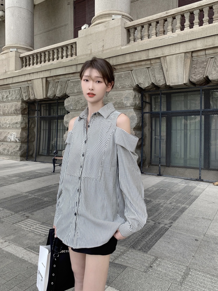 Stripe lazy autumn tops Casual strapless shirt for women