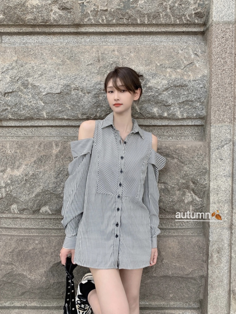 Stripe lazy autumn tops Casual strapless shirt for women