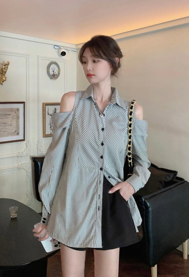 Stripe lazy autumn tops Casual strapless shirt for women