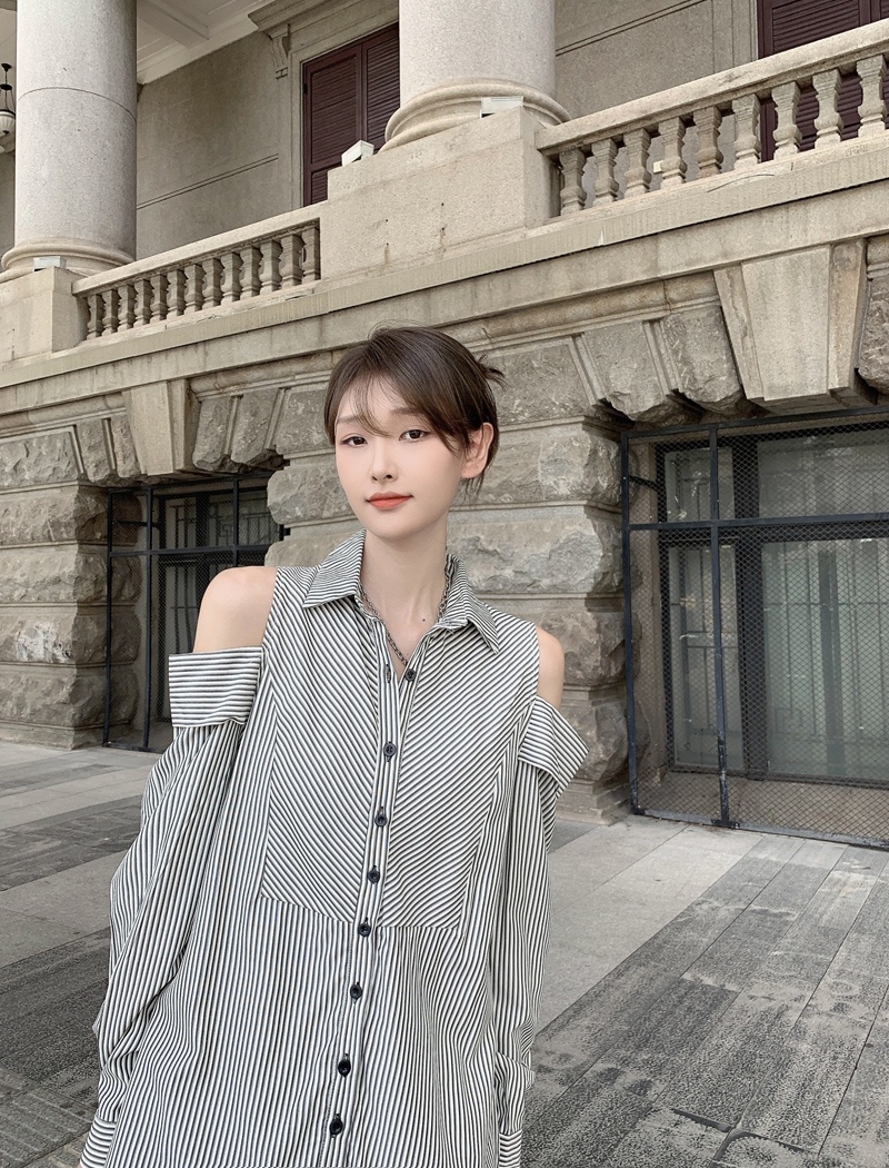 Stripe lazy autumn tops Casual strapless shirt for women