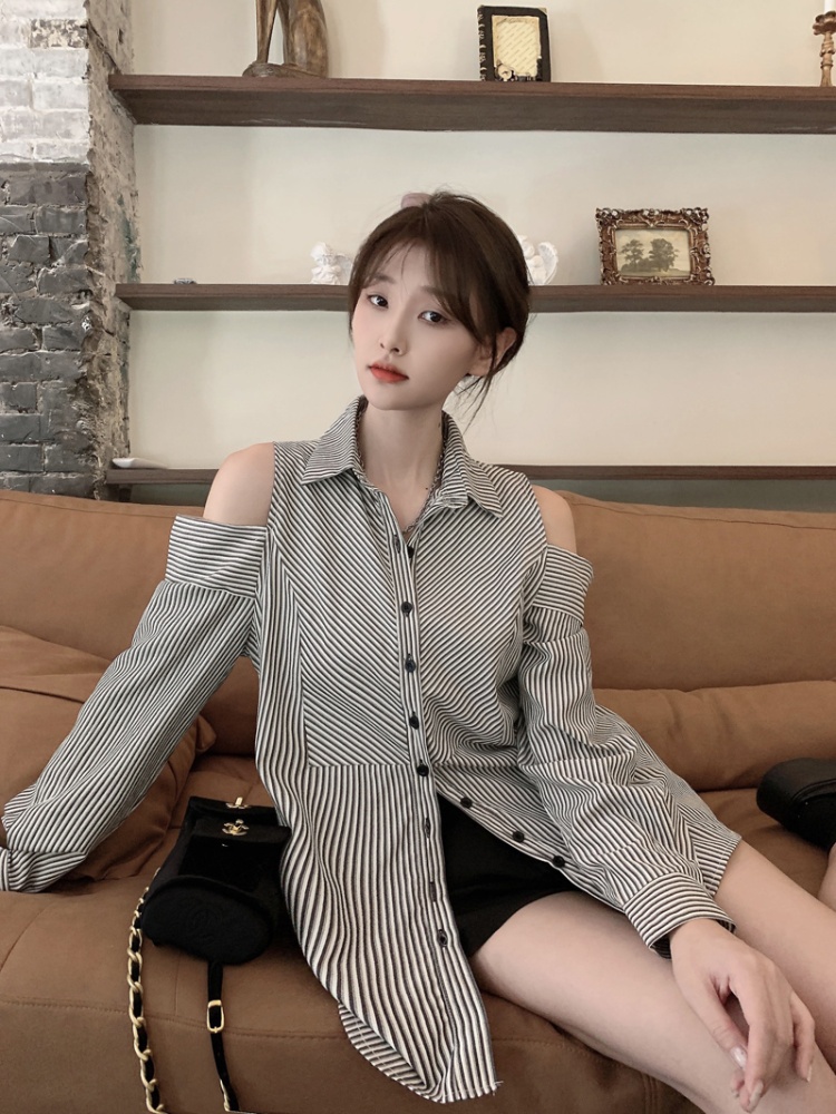 Stripe lazy autumn tops Casual strapless shirt for women